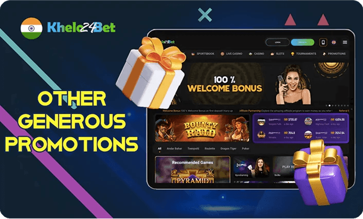 A tablet displaying GameWin 100% welcome bonus with gift boxes